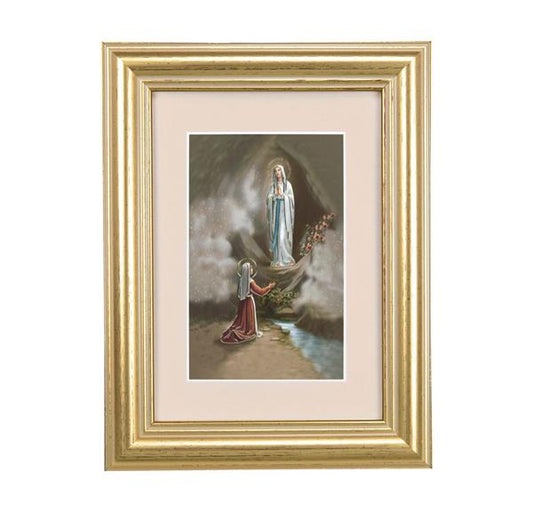 Our Lady of Lourdes Picture, 5"x6.5" Antique Gold Fluted Frame, Behind Cream Velvet Matting # 28238