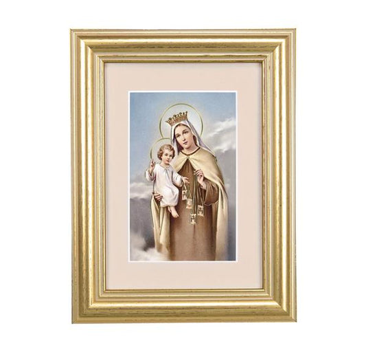 Our Lady of Mount Carmel Picture, 5"x6.5" Antique Gold Fluted Frame, Behind Cream Velvet Matting # 28240