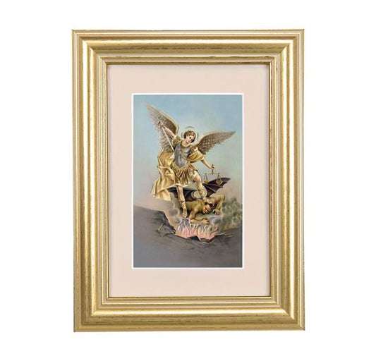St. Michael Picture, 5"x6.5" Antique Gold Fluted Frame, Behind Cream Velvet Matting # 28244