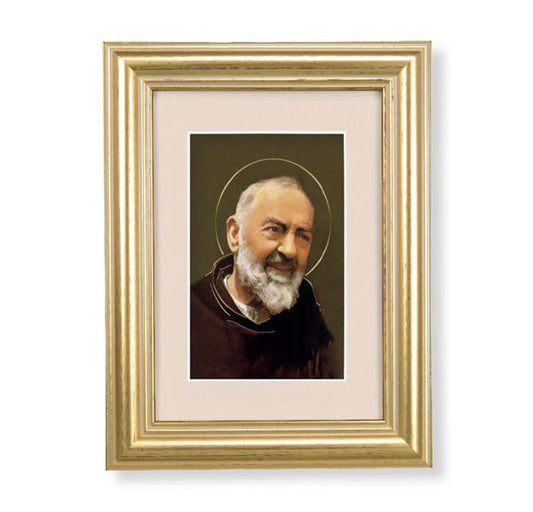 St. Padre Pio Picture, 5"x6.5" Antique Gold Fluted Frame, Behind Cream Velvet Matting # 28250