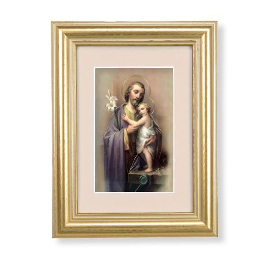 St. Joseph & Child Jesus Picture, 5"x6.5" Antique Gold Fluted Frame, Behind Cream Velvet Matting # 28252