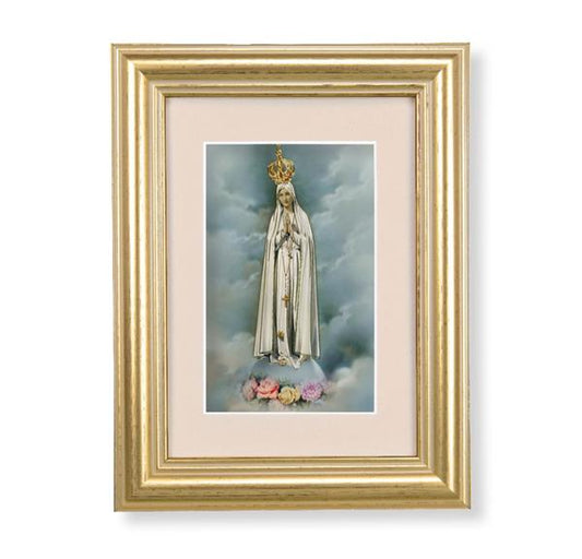 Our Lady of Fatima Picture, 5"x6.5" Antique Gold Fluted Frame, Behind Cream Velvet Matting # 28253