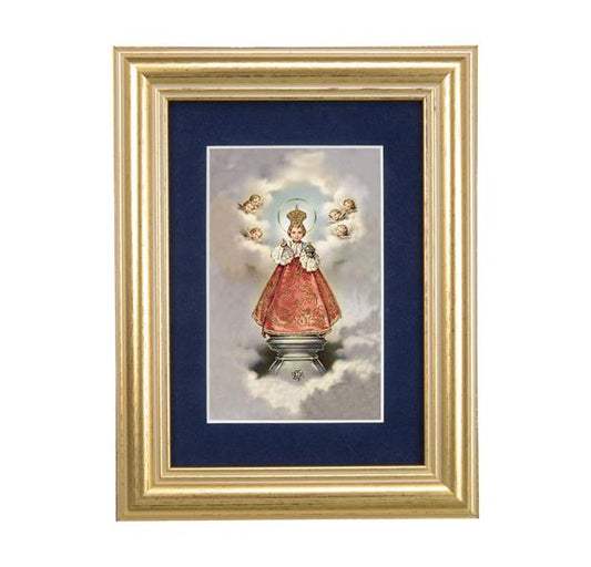 Infant of Praque with Angels Picture, 5"x6.5" Antique Gold Fluted Frame, Behind Blue Velvet Matting # 28260