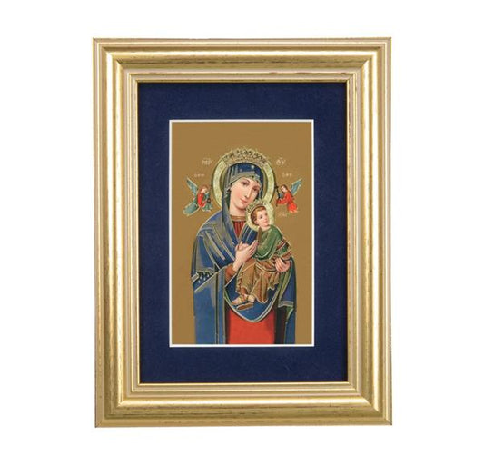 Our Lady of Perpetual Help Picture, 5"x6.5" Antique Gold Fluted Frame, Behind Blue Velvet Matting # 28261