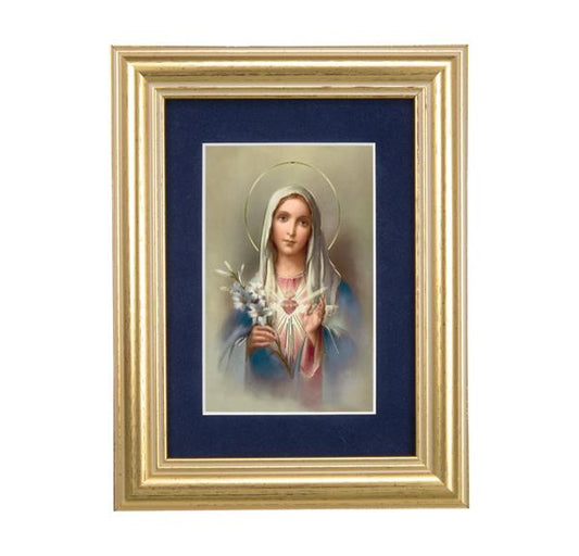 Immaculate Heart of Mary Picture, 5"x6.5" Antique Gold Fluted Frame, Behind Blue Velvet Matting # 28262