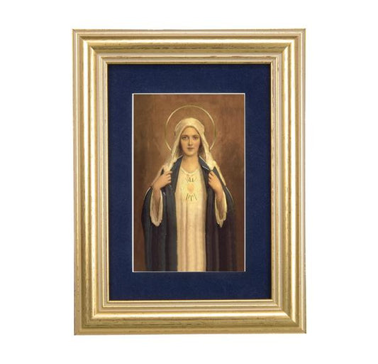 Immaculate Heart of Mary Picture, 5"x6.5" Antique Gold Fluted Frame, Behind Blue Velvet Matting # 28263