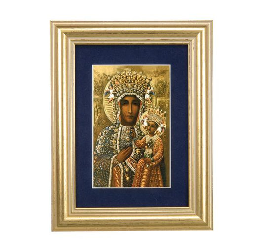 Our Lady of Czestochowa Picture, 5"x6.5" Antique Gold Fluted Frame, Behind Blue Velvet Matting # 28266