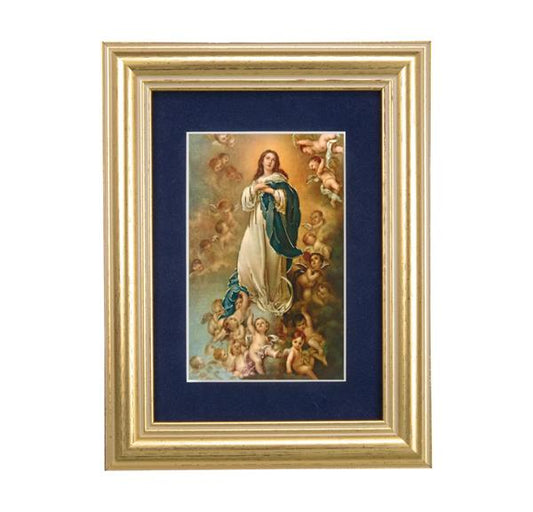 Immaculate Conception Picture, 5"x6.5" Antique Gold Fluted Frame, Behind Blue Velvet Matting # 28269