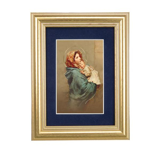 Madonna of The Street Picture, 5"x6.5" Antique Gold Fluted Frame, Behind Blue Velvet Matting # 28271