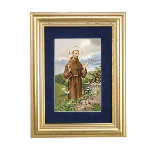 St. Francis of Assisi Picture, 5"x6.5" Antique Gold Fluted Frame, Behind Blue Velvet Matting # 28274