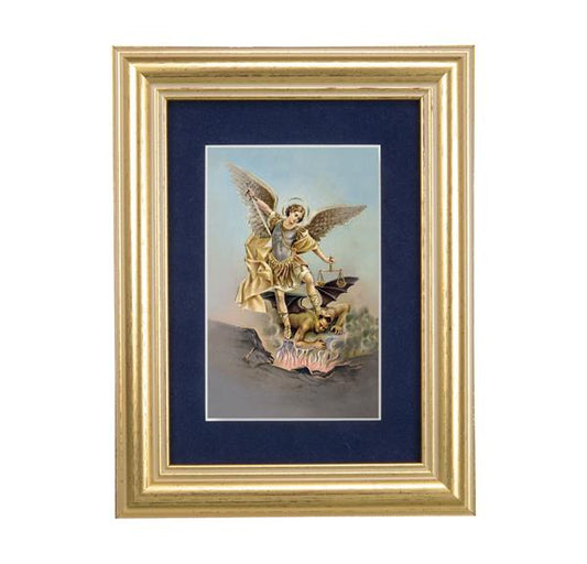 St. Michael Picture, 5"x6.5" Antique Gold Fluted Frame, Behind Blue Velvet Matting # 28276