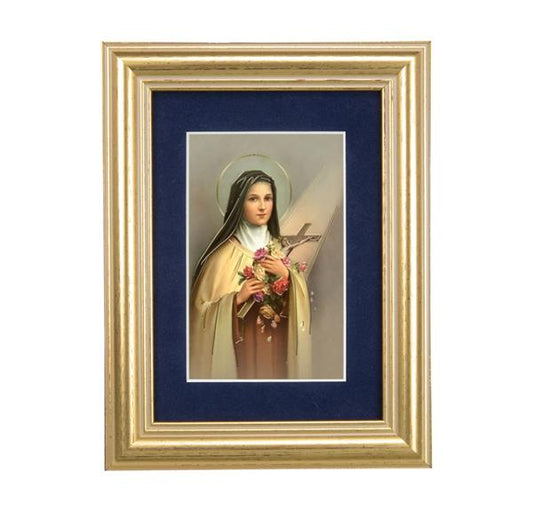St. Therese of Lisieux Picture, 5"x6.5" Antique Gold Fluted Frame, Behind Blue Velvet Matting # 28277