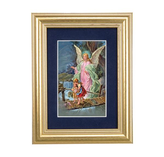 Guardian Angel with Children on Bridge Picture, 5"x6.5" Antique Gold Fluted Frame, Behind Blue Velvet Matting # 28278