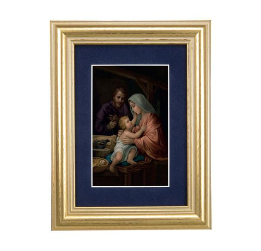 Holy Family Picture, 5"x6.5" Antique Gold Fluted Frame, Behind Blue Velvet Matting # 28279