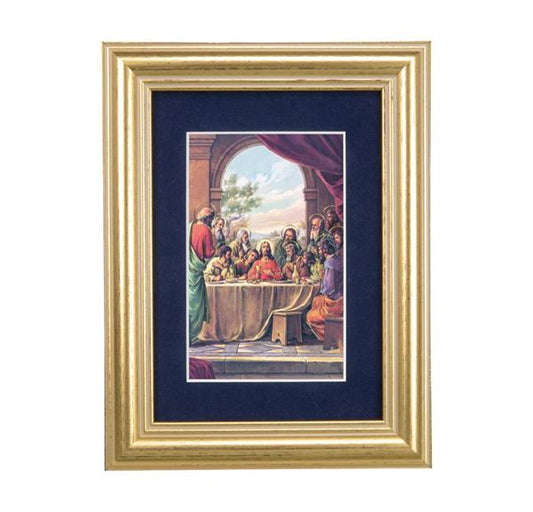 Last Supper Picture, 5"x6.5" Antique Gold Fluted Frame, Behind Blue Velvet Matting # 28280
