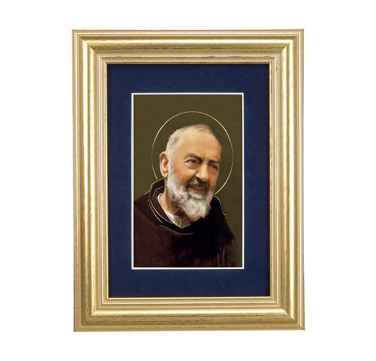 St. Padre Pio Picture, 5"x6.5" Antique Gold Fluted Frame, Behind Blue Velvet Matting # 28281
