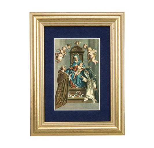 St. Dominic Receiving Rosary from Mary Picture, 5"x6.5" Antique Gold Fluted Frame, Behind Blue Velvet Matting # 28285