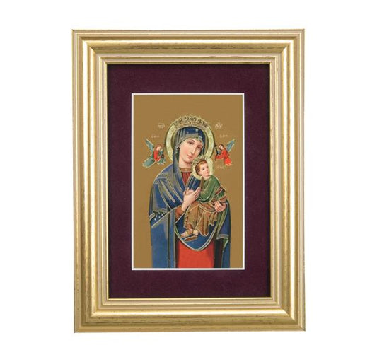 Our Lady of Perpetual Help Picture, 5"x6.5" Antique Gold Fluted Frame, Behind Maroon Velvet Matting # 28292