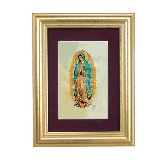 Our Lady of Guadalupe Picture, 5"x6.5" Antique Gold Fluted Frame, Behind Maroon Velvet Matting # 28295