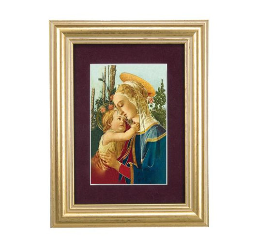 Madonna & Child Picture, 5"x6.5" Antique Gold Fluted Frame, Behind Maroon Velvet Matting # 28299