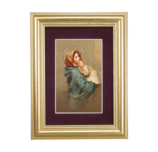 Madonna of The Street Picture, 5"x6.5" Antique Gold Fluted Frame, Behind Maroon Velvet Matting # 28302