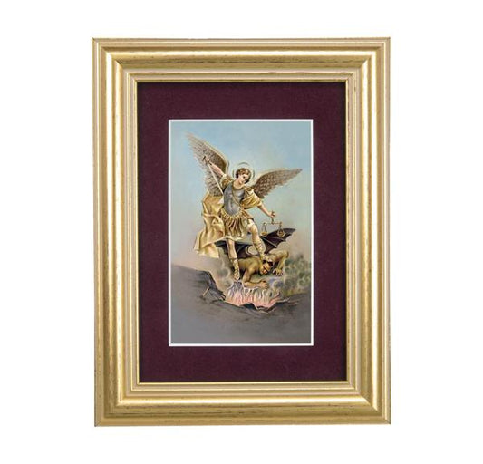 St. Michael Picture, 5"x6.5" Antique Gold Fluted Frame, Behind Maroon Velvet Matting # 28307