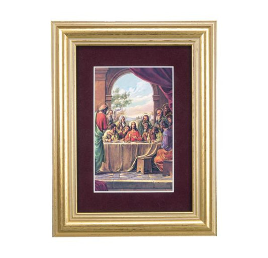 Last Supper Picture, 5"x6.5" Antique Gold Fluted Frame, Behind Maroon Velvet Matting # 28311