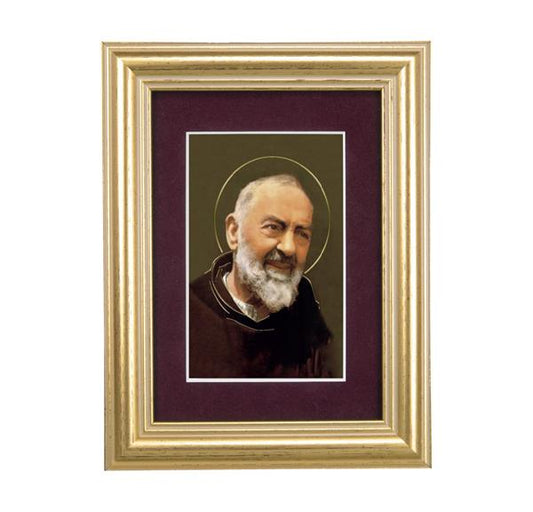St. Padre Pio Picture, 5"x6.5" Antique Gold Fluted Frame, Behind Maroon Velvet Matting # 28312