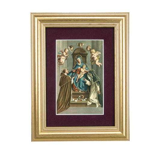 St. Dominic Receiving Rosary from Mary Picture, 5"x6.5" Antique Gold Fluted Frame, Behind Maroon Velvet Matting # 28316