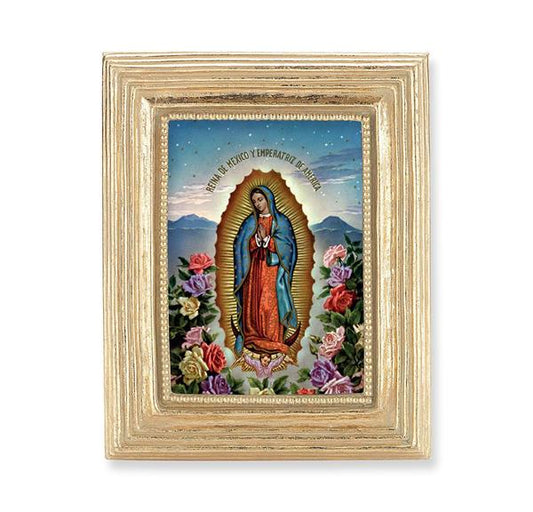Spanish Our Lady of Guadalupe Picture, Gold Finish 3-7/8"x4-3/4 Frame, Exclusive Gold Stamped Print Under Glass # 28330