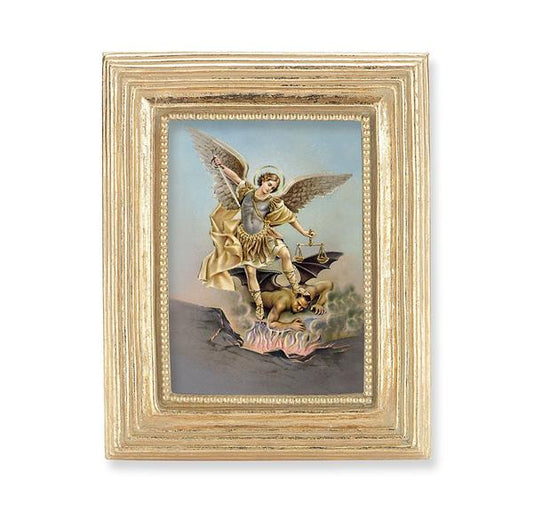 St. Michael Picture, Gold Finish 3-7/8"x4-3/4 Frame, Exclusive Gold Stamped Print Under Glass # 28340