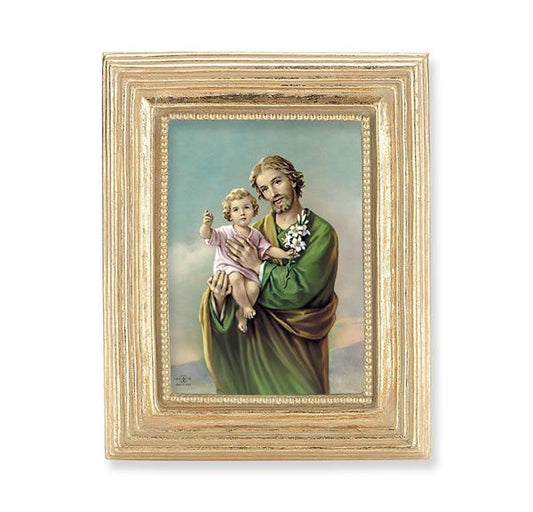 St. Joseph & Child Jesus Picture, Gold Finish 3-7/8"x4-3/4 Frame, Exclusive Gold Stamped Print Under Glass # 28351