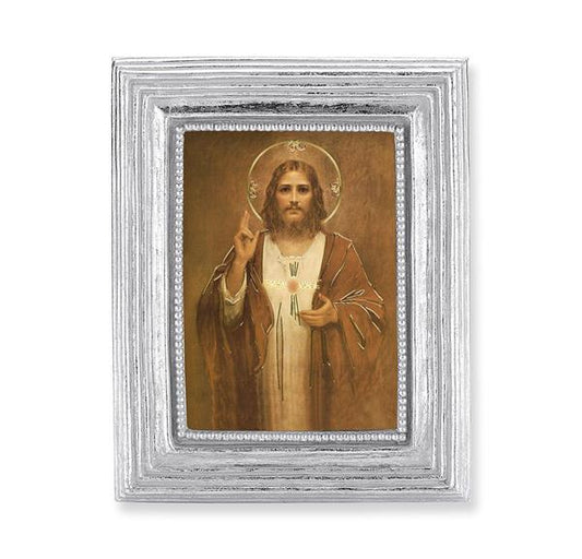 Sacred Heart Picture, Silver Finish 3-7/8"x4-3/4 Frame, Exclusive Gold Stamped Print Under Glass # 28361