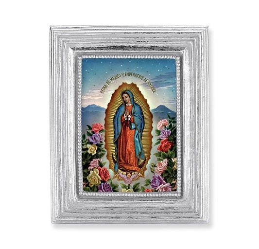 Spanish Our Lady of Guadalupe Picture, Silver Finish 3-7/8"x4-3/4 Frame, Exclusive Gold Stamped Print Under Glass # 28370