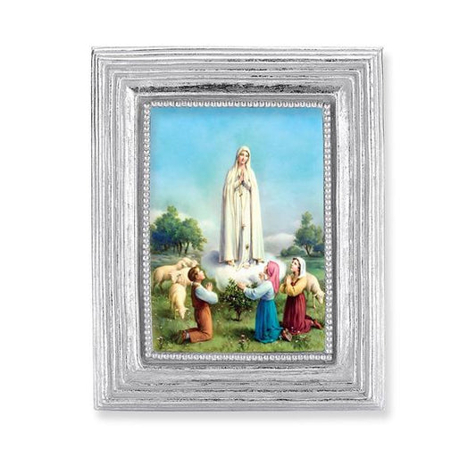 Our Lady of Fatima Picture, Silver Finish 3-7/8"x4-3/4 Frame, Exclusive Gold Stamped Print Under Glass # 28373