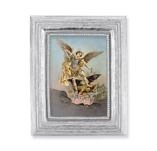St. Michael Picture, Silver Finish 3-7/8"x4-3/4 Frame, Exclusive Gold Stamped Print Under Glass # 28380