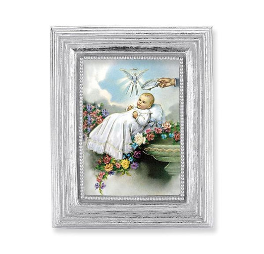 Baby Baptism Picture, Silver Finish 3-7/8"x4-3/4 Frame, Exclusive Gold Stamped Print Under Glass # 28387