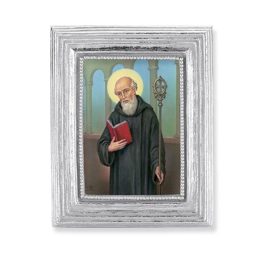 St. Benedict Picture, Silver Finish 3-7/8"x4-3/4 Frame, Exclusive Gold Stamped Print Under Glass # 28393