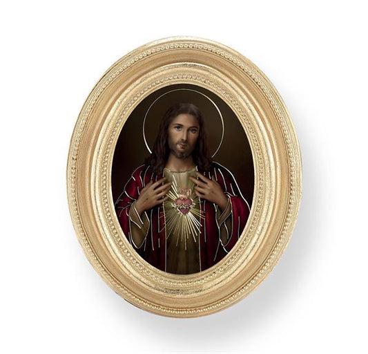 Simeone: Sacred Heart, Gold Finish 3-3/4"x4-1/2 Oval Frame, Exclusive Gold Stamped Print Under Glass # 28401