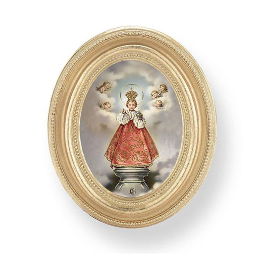 Infant of Prague with Angels Picture, Gold Finish 3-3/4"x4-1/2 Oval Frame, Exclusive Gold Stamped Print Under Glass # 28406