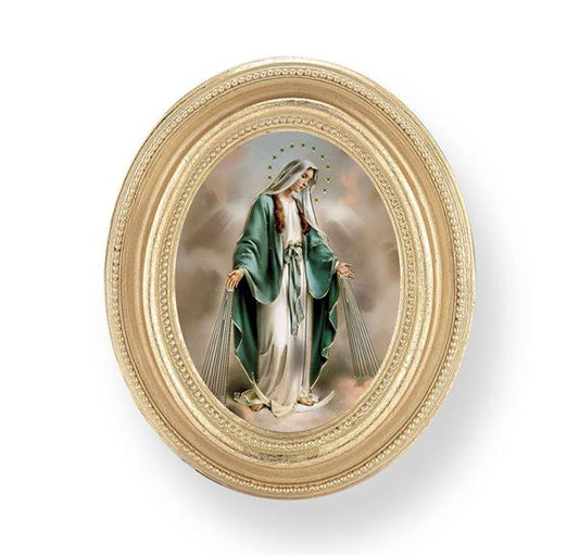 Our Lady of Grace Picture, Gold Finish 3-3/4"x4-1/2 Oval Frame, Exclusive Gold Stamped Print Under Glass # 28408