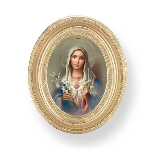 Immaculate Heart of Mary Picture, Gold Finish 3-3/4"x4-1/2 Oval Frame, Exclusive Gold Stamped Print Under Glass # 28411