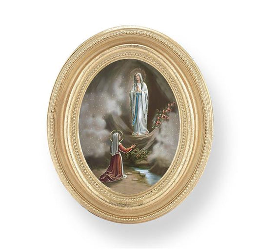Our Lady of Lourdes Picture, Gold Finish 3-3/4"x4-1/2 Oval Frame, Exclusive Gold Stamped Print Under Glass # 28419