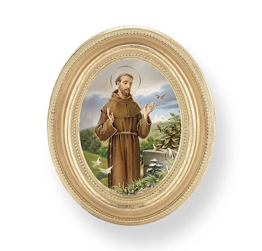 St. Francis of Assisi Picture, Gold Finish 3-3/4"x4-1/2 Oval Frame, Exclusive Gold Stamped Print Under Glass # 28423