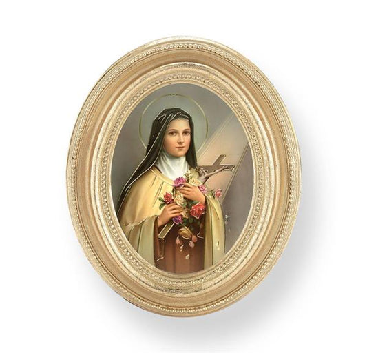 St. Therese of Lisieux Picture, Gold Finish 3-3/4"x4-1/2 Oval Frame, Exclusive Gold Stamped Print Under Glass # 28426