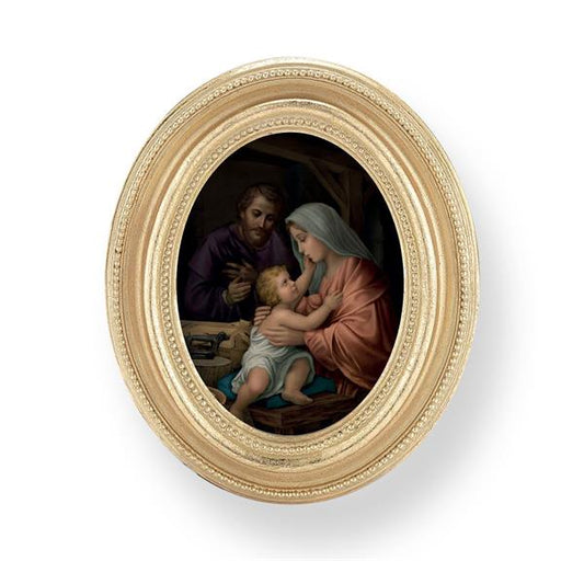 Simeone: Holy Family Picture, Gold Finish 3-3/4"x4-1/2 Oval Frame, Exclusive Gold Stamped Print Under Glass # 28429