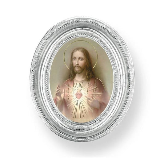 Sacred Heart, Silver Finish 3-3/4"x4-1/2 Oval Frame, Exclusive Gold Stamped Print Under Glass # 28437