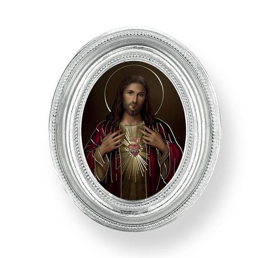 Simeone: Sacred Heart, Silver Finish 3-3/4"x4-1/2 Oval Frame, Exclusive Gold Stamped Print Under Glass # 28438