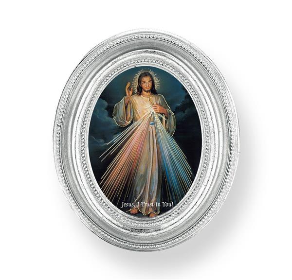 Divine Mercy Picture, Silver Finish 3-3/4"x4-1/2 Oval Frame, Exclusive Gold Stamped Print Under Glass # 28439