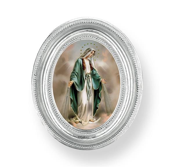 Our Lady of Grace Picture, Silver Finish 3-3/4"x4-1/2 Oval Frame, Exclusive Gold Stamped Print Under Glass # 28443